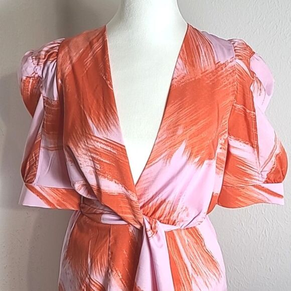 Entro Pink & Orange Midi-Dress, Short Puff Sleeves, Tie Waist, Size Small - Picture 3 of 9